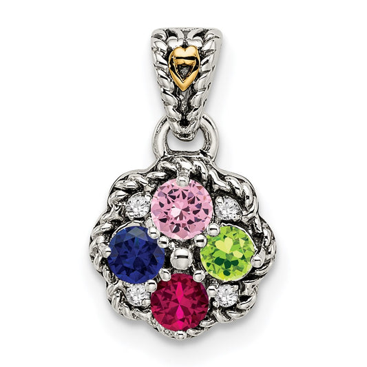 Sterling Silver Antiqued w/14k 4-stone w/Diamond Mothers Pendant Semi-Mount