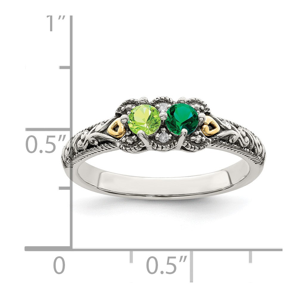 Sterling Silver Antiqued w/14k 2-stone w/Diamond Mother's Ring Semi-Mount