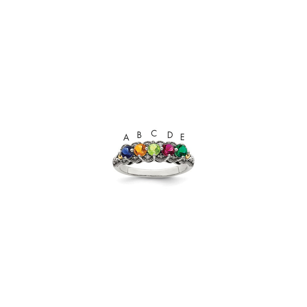 Sterling Silver Antiqued w/14k 5-stone w/Diamond Mother's Ring Semi-Mount
