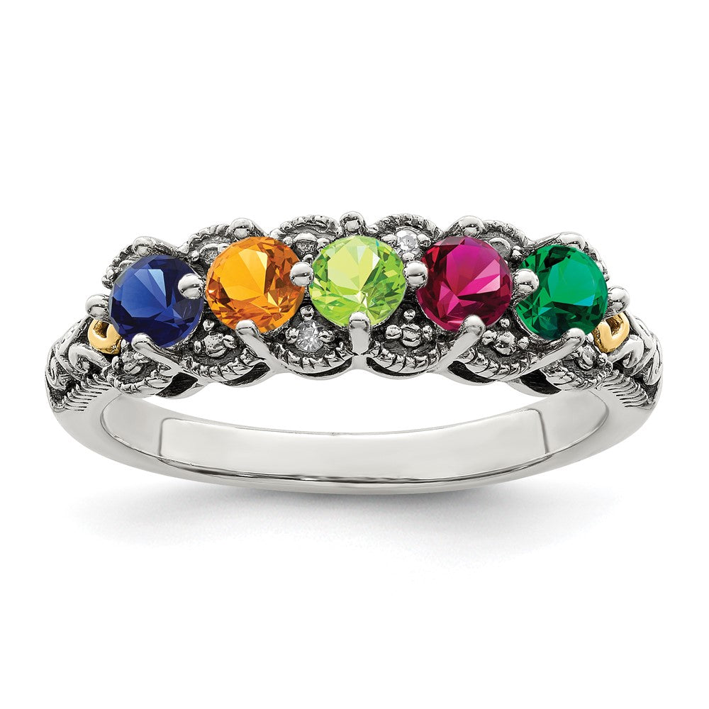Sterling Silver Antiqued w/14k 5-stone w/Diamond Mother's Ring Semi-Mount