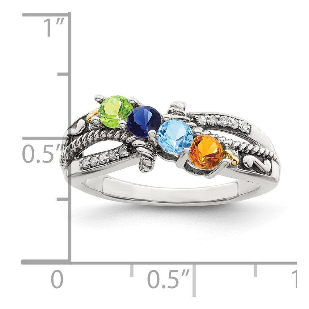 Sterling Silver Antiqued w/14k 4-stone w/Diamond Mother's Ring Semi-Mount