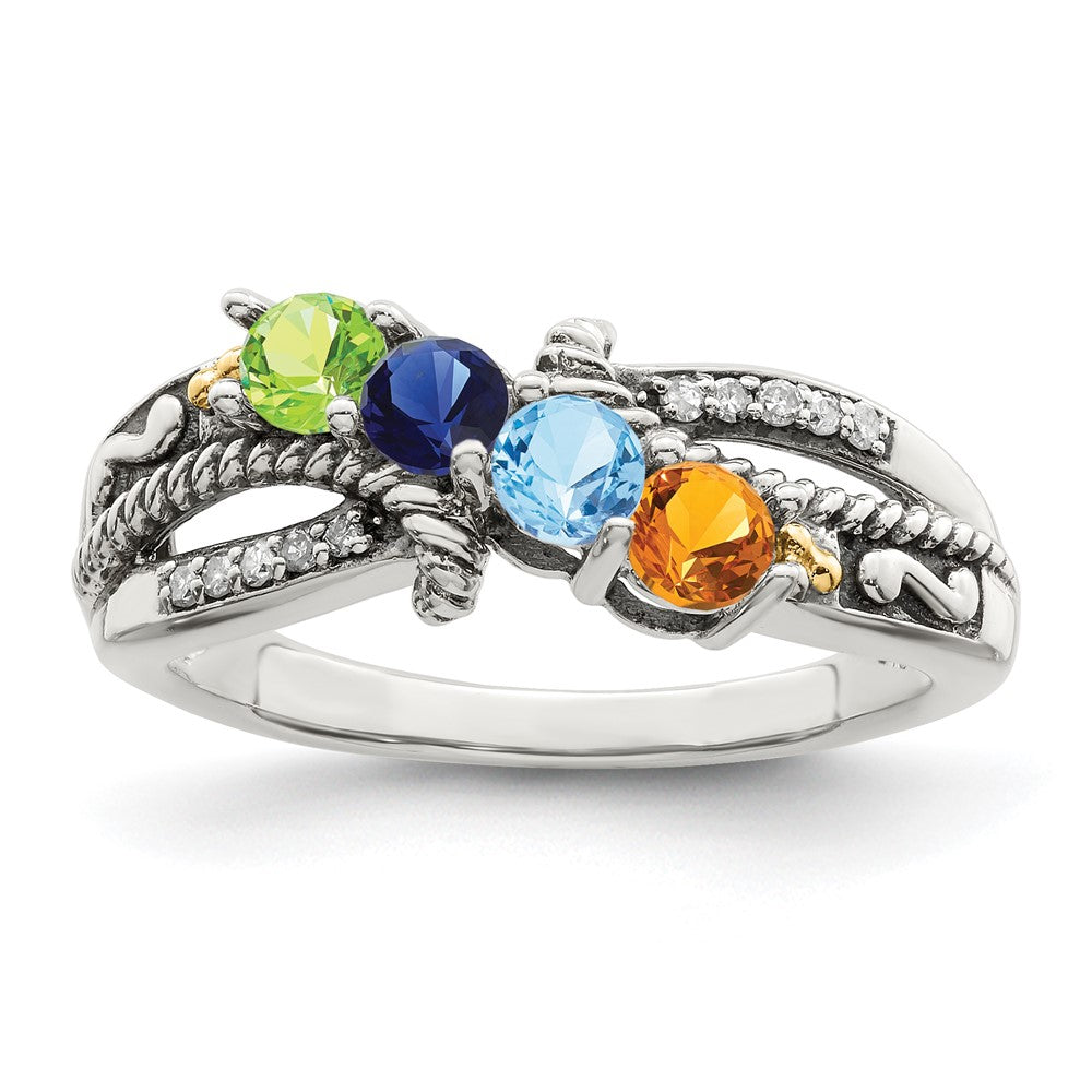 Sterling Silver Antiqued w/14k 4-stone w/Diamond Mother's Ring Semi-Mount