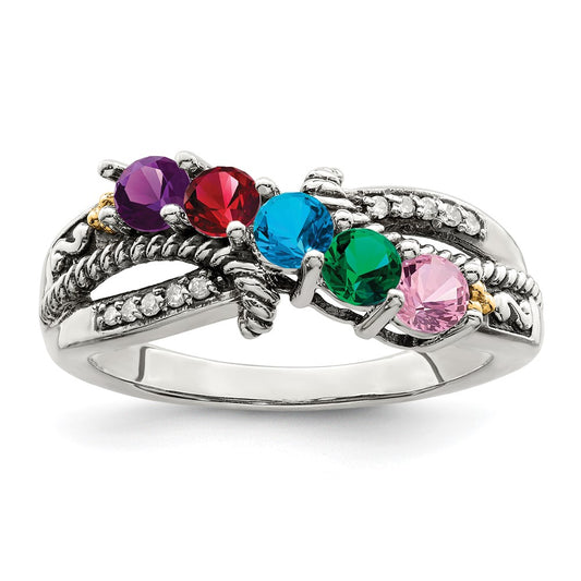 Sterling Silver Antiqued w/14k 5-stone w/Diamond Mother's Ring Semi-Mount