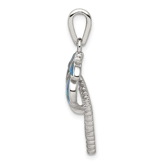 Sterling Silver Rhodium-plated Created Blue Opal Inlay Palm Tree Pendant