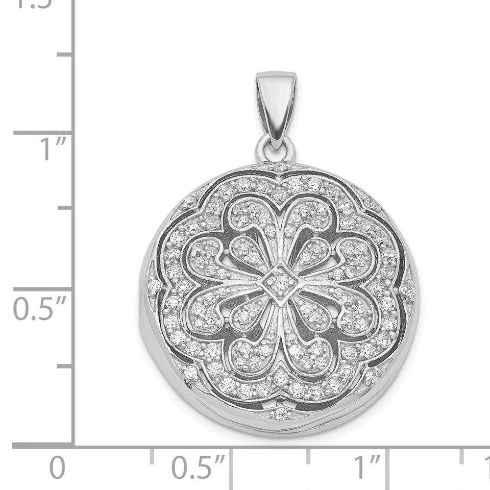 Sterling Silver Rhodium-plated CZ Flower Design 22mm Locket Pendant