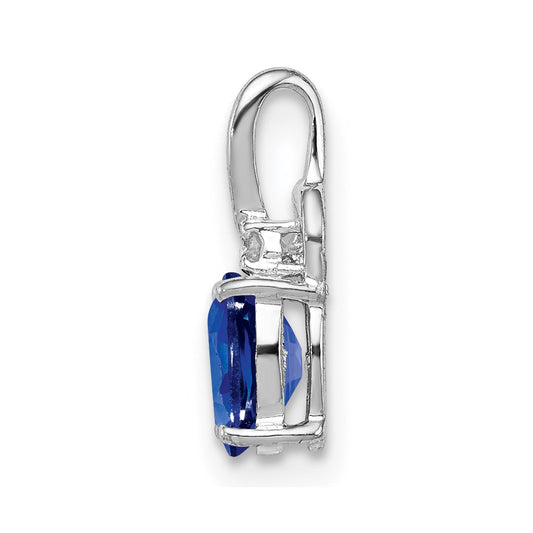 Sterling Silver Rhodium Plated Diamond & Sapphire Oval Pendant