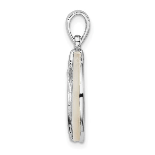 Sterling Silver Rhodium-plated Polished Round Mother of Pearl Palm Tree Pendant