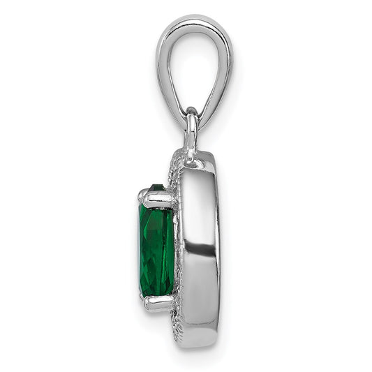 Sterling Silver Rhod-plated w/ Green and White CZ Oval Pendant