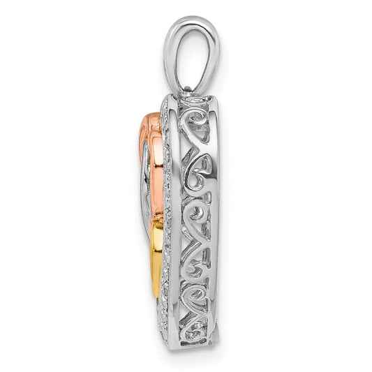 Sterling Silver Rhodium w/White, Yellow, & Rose Gold Plating Diamond Heart Pendant