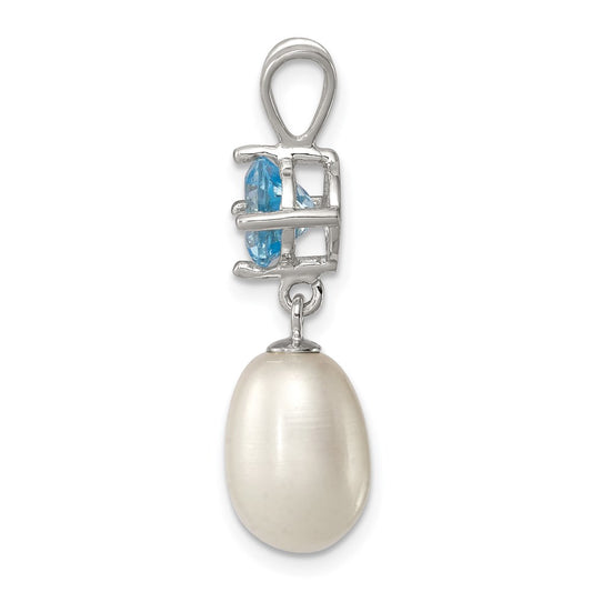 Sterling Silver Rhodium-plated 8-9mm White Teardrop Freshwater Cultured Pearl and 1.05BT Blue Topaz Pendant