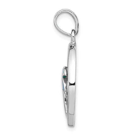 Sterling Silver Rhodium-plated Mother of Pearl and Blue Created Opal Round Palm Tree Pendant