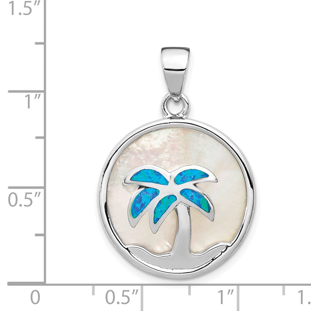 Sterling Silver Rhodium-plated Mother of Pearl and Blue Created Opal Round Palm Tree Pendant