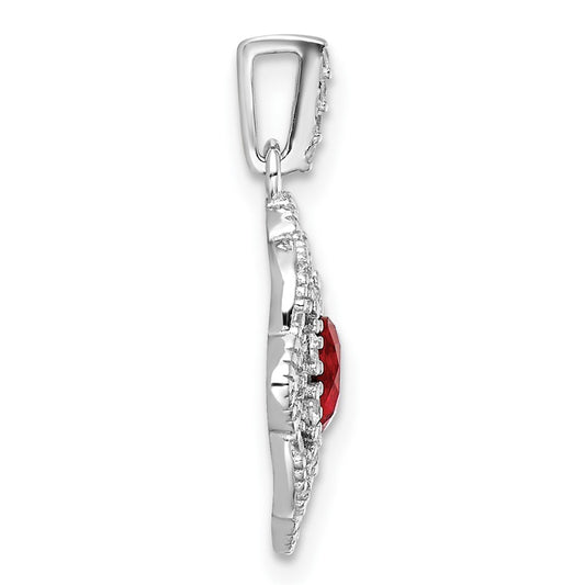 Sterling Silver RH-plated Red Glass & Clear CZ Fancy Vintage Pendant