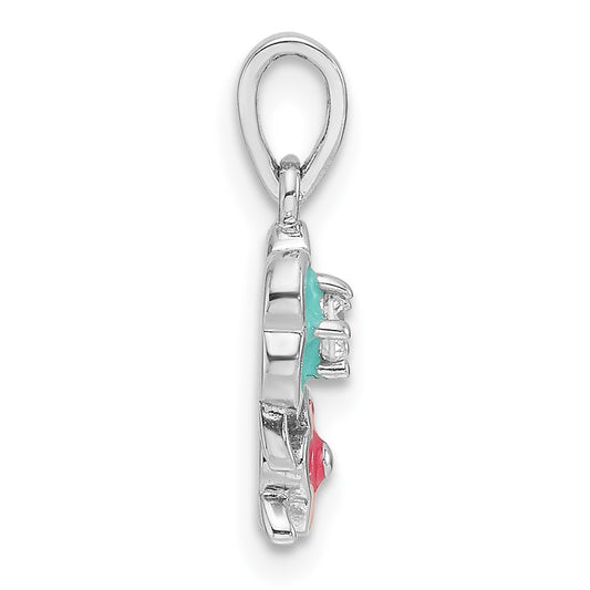 Sterling Silver RH-plated Blue/Pink Enamel & CZ Floral Children's Pendant