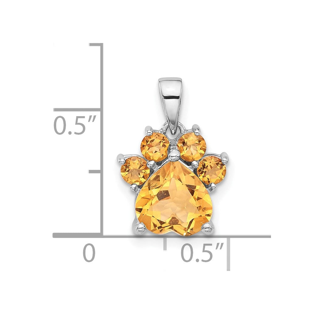 Sterling Silver Rhodium-plated Polished Citrine Paw Pendant