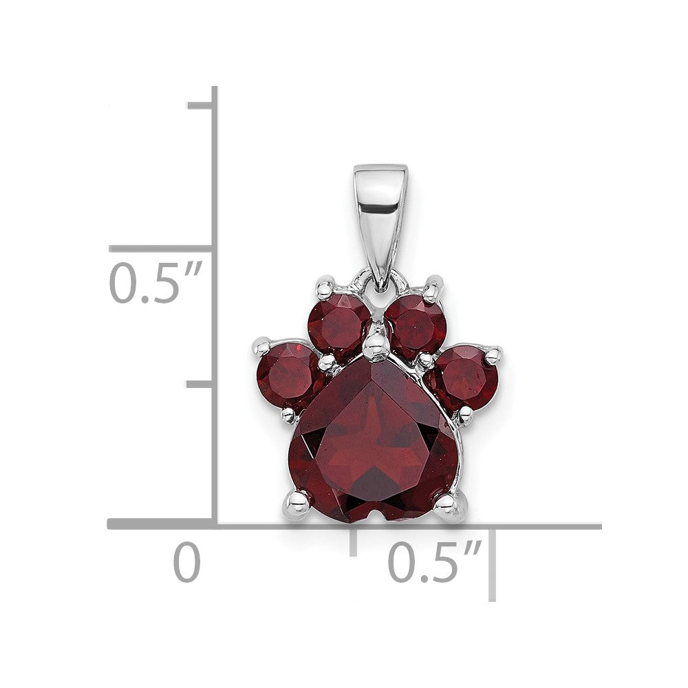 Sterling Silver Rhodium-plated Polished Garnet Paw Pendant