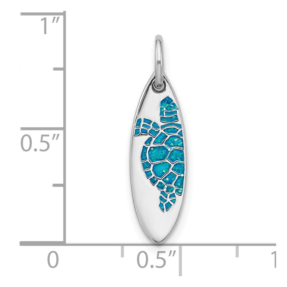 Sterling Silver Rhodium-plated Polished Blue Enamel Turtle Surfboard Pendant
