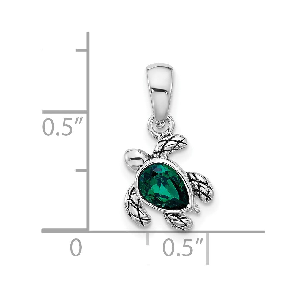 Sterling Silver Rhodium-plated Polished and Antiqued Crystal May Birthstone Turtle Pendant
