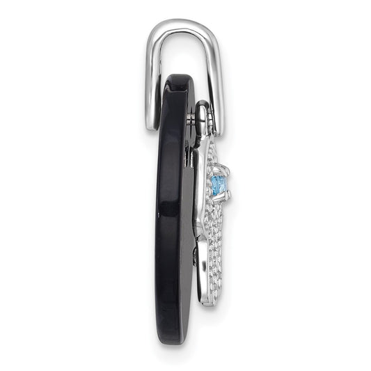 Sterling Silver Rhodium-plated Polished Onyx Circle with Light Swiss Blue Topaz and CZ Hamsa Dangle Pendant