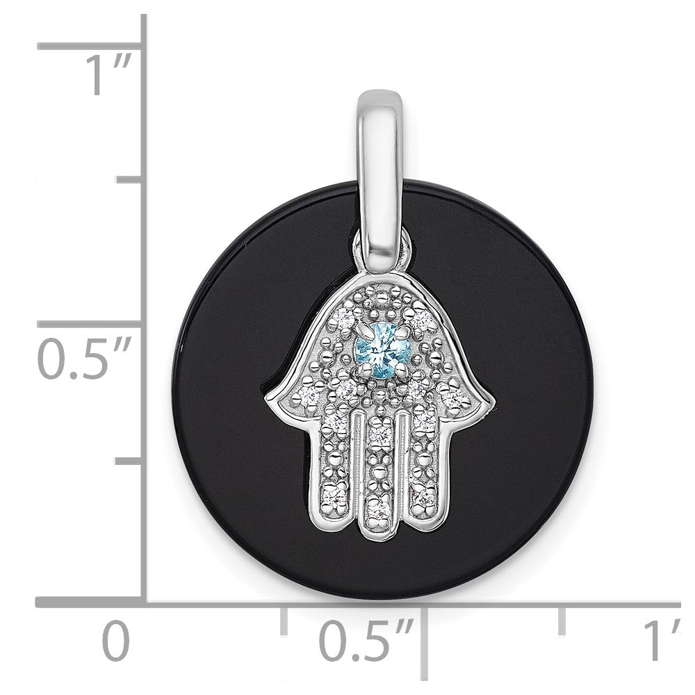 Sterling Silver Rhodium-plated Polished Onyx Circle with Light Swiss Blue Topaz and CZ Hamsa Dangle Pendant