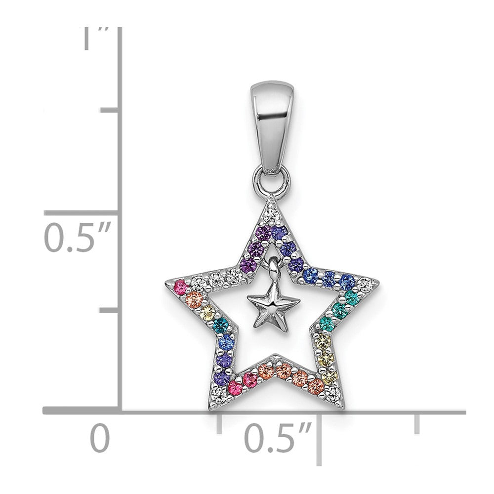 Sterling Silver Rhodium-plated Polished Rainbow Nano Crystals Star With Mini Star Dangle Childrens Pendant