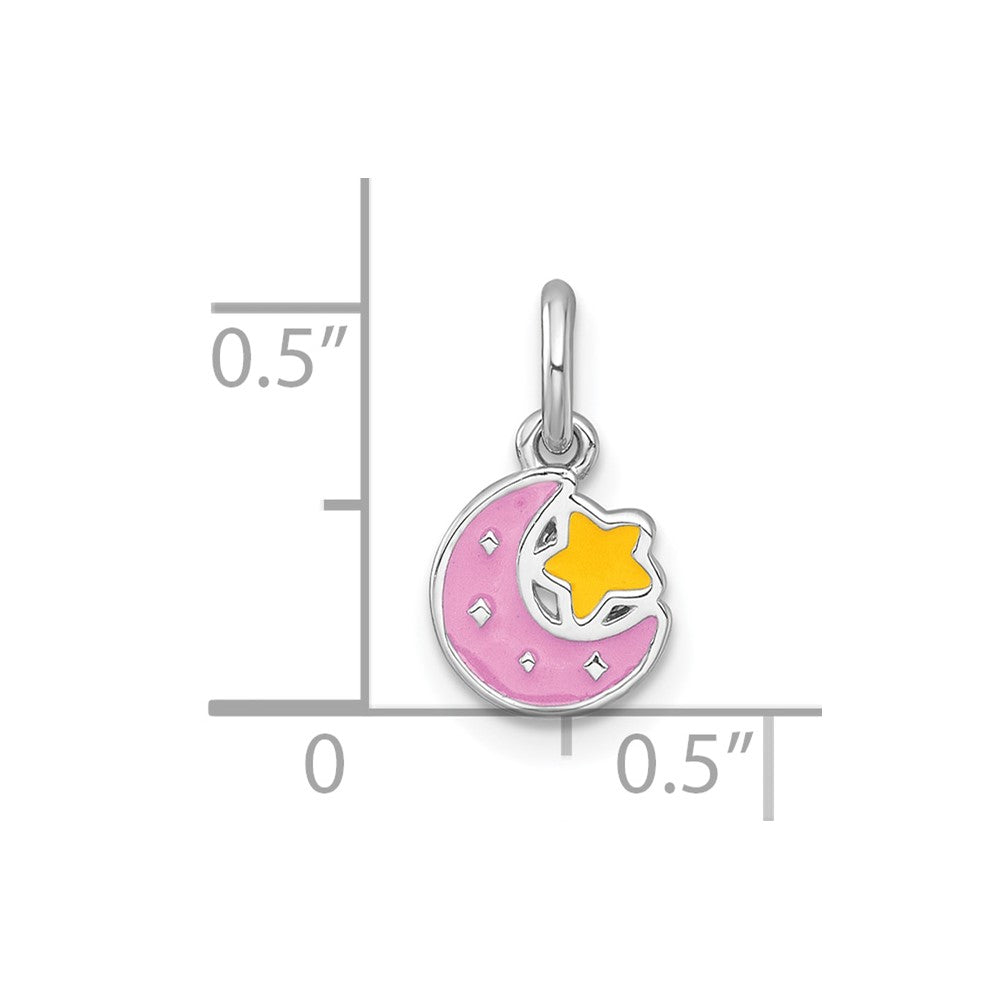 Sterling Silver Rhodium-plated Polished Pink and Yellow Enamel Moon and Star Childrens Pendant