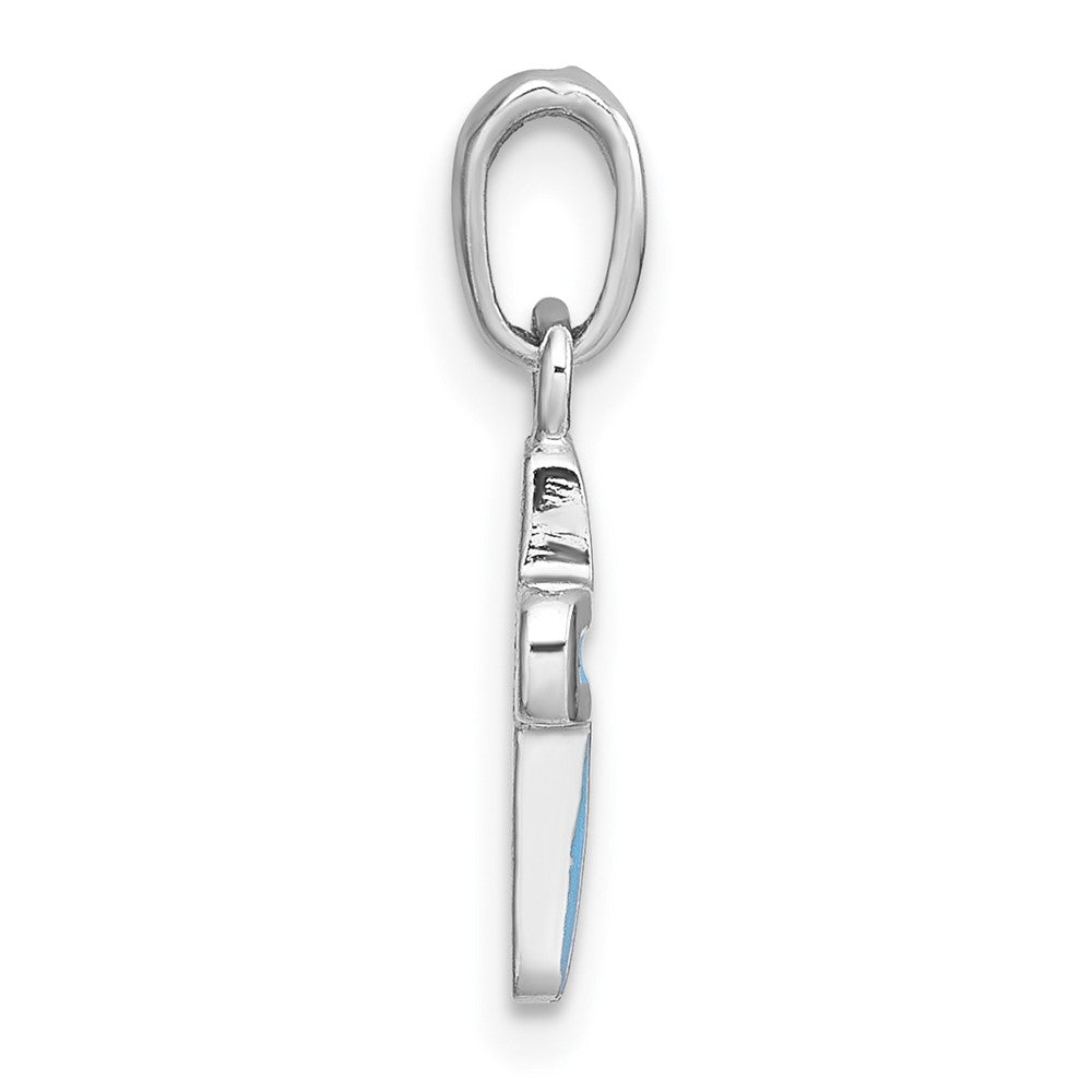 Sterling Silver Rhodium-plated Polished Blue Enamel Childrens Cross Charm Pendant