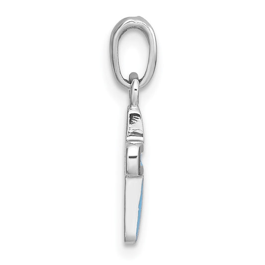Sterling Silver Rhodium-plated Polished Blue Enamel Childrens Cross Charm Pendant