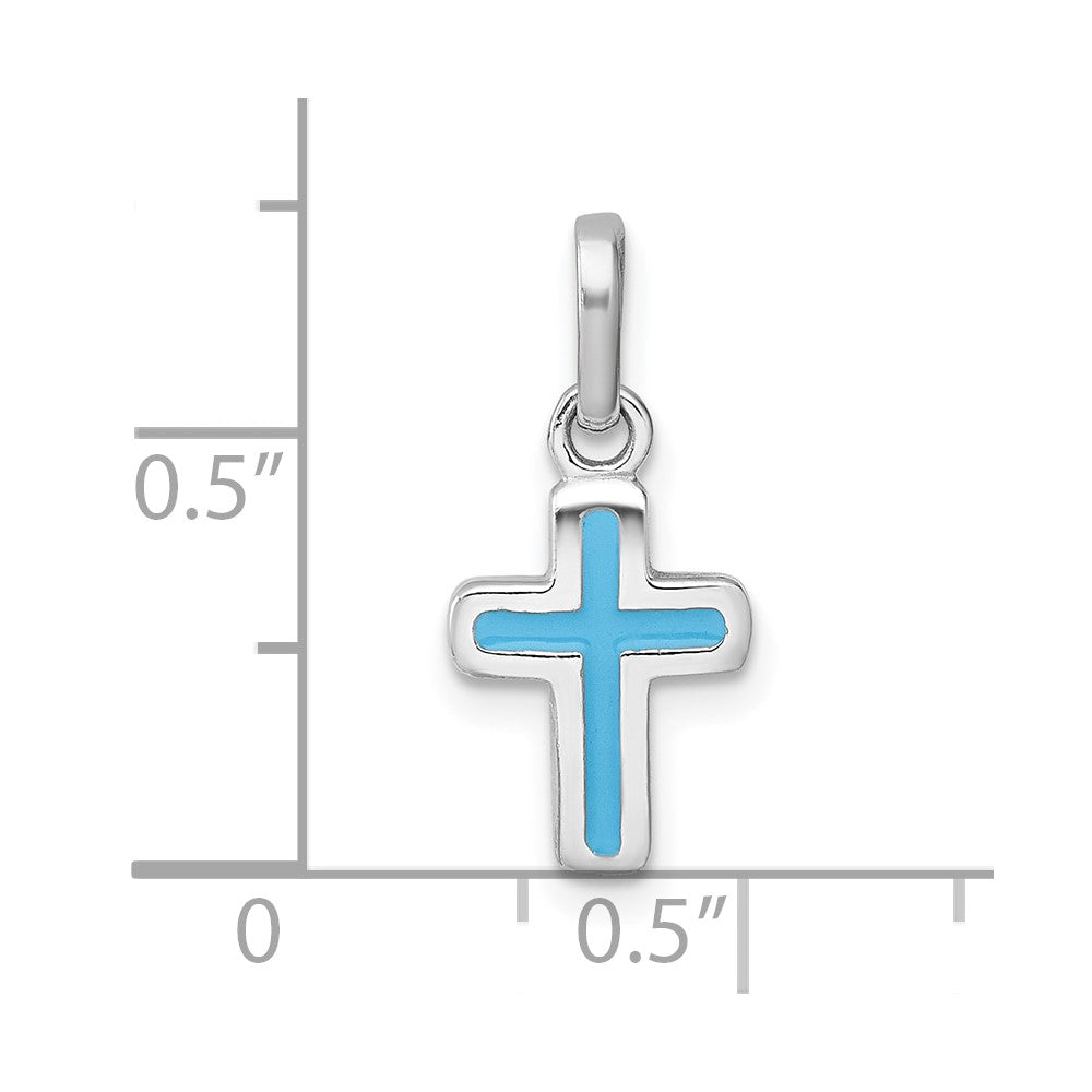 Sterling Silver Rhodium-plated Polished Blue Enamel Childrens Cross Charm Pendant
