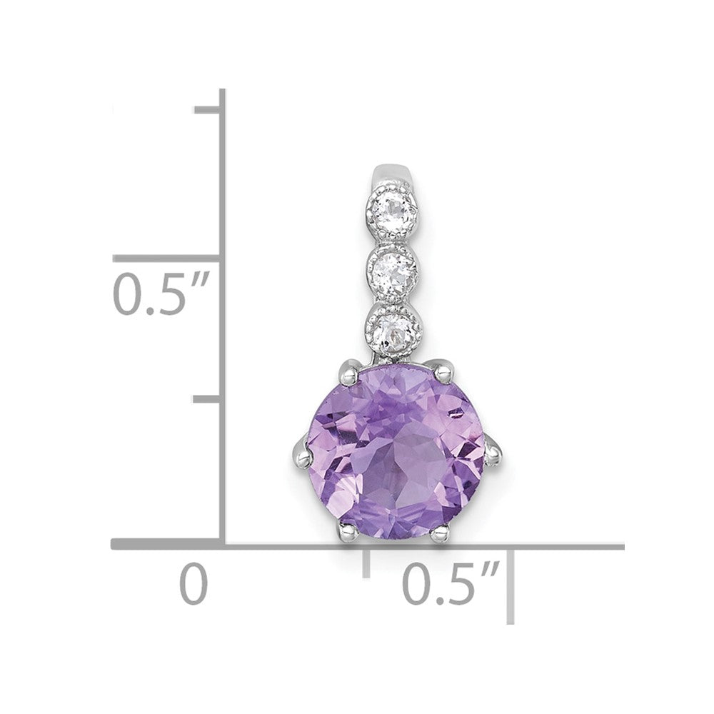 Sterling Silver Rhodium-plated Polished and Beaded Round Amethyst and White Topaz Chain Slide Pendant