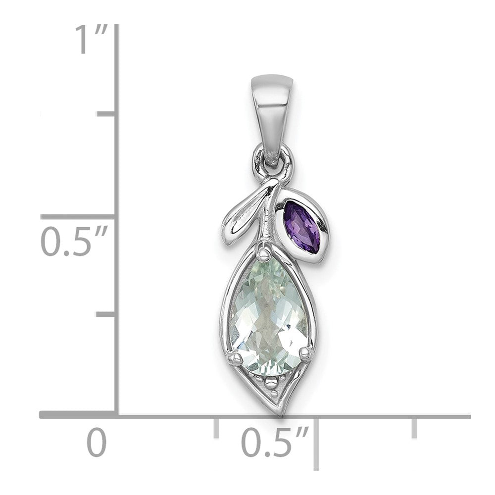Sterling Silver Rhodium-plated Polished Amethyst and Green Quartz Leaf Pendant