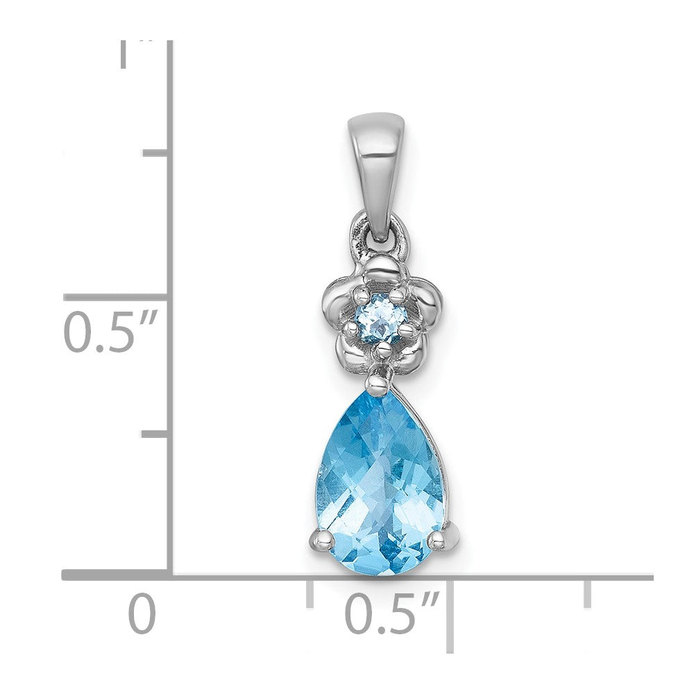 Sterling Silver Rhodium-plated Polished Light Swiss Blue Topaz Teardrop and Flower Pendant