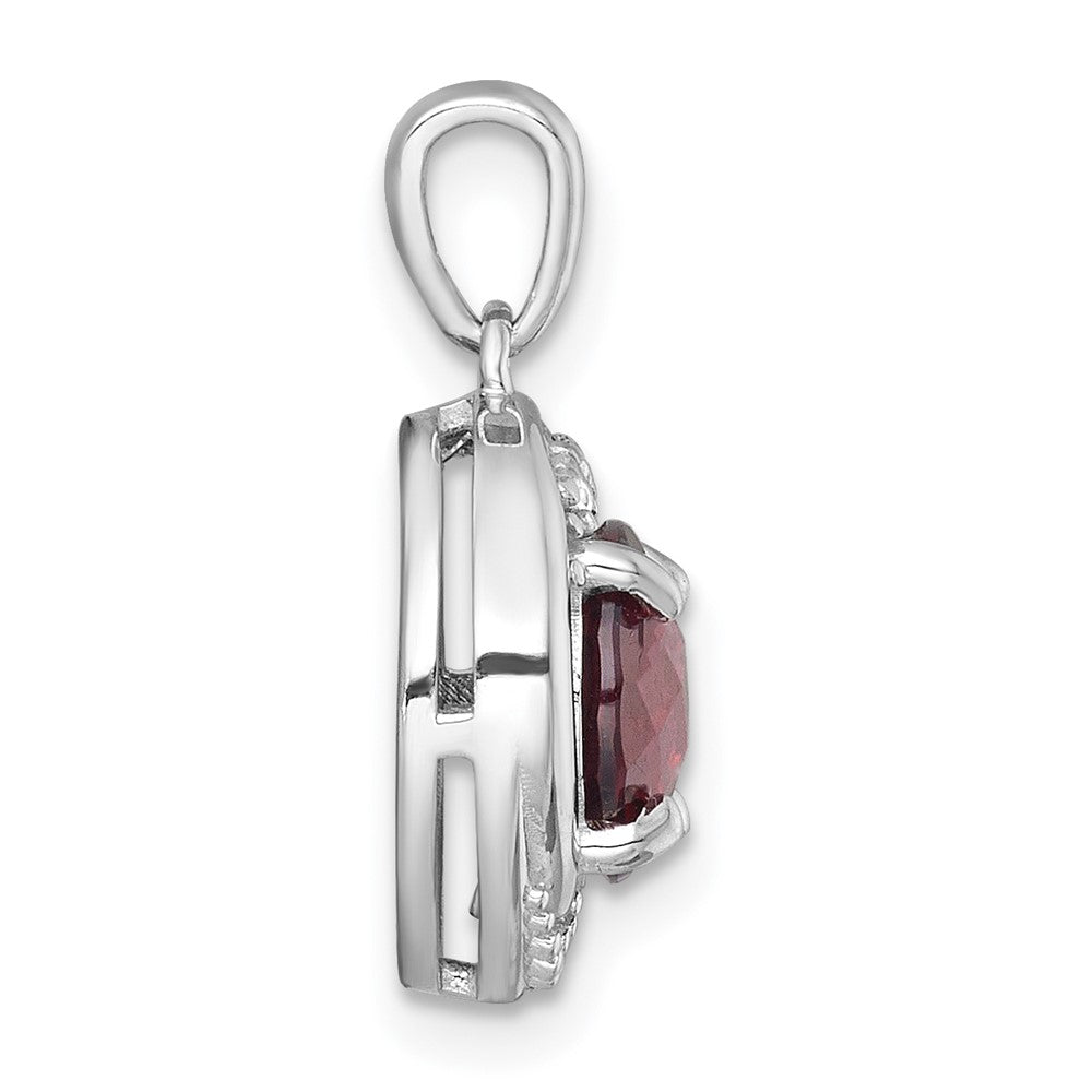 Sterling Silver Rhodium-plated Polished Checker-cut Round Garnet and White Topaz Circle Pendant