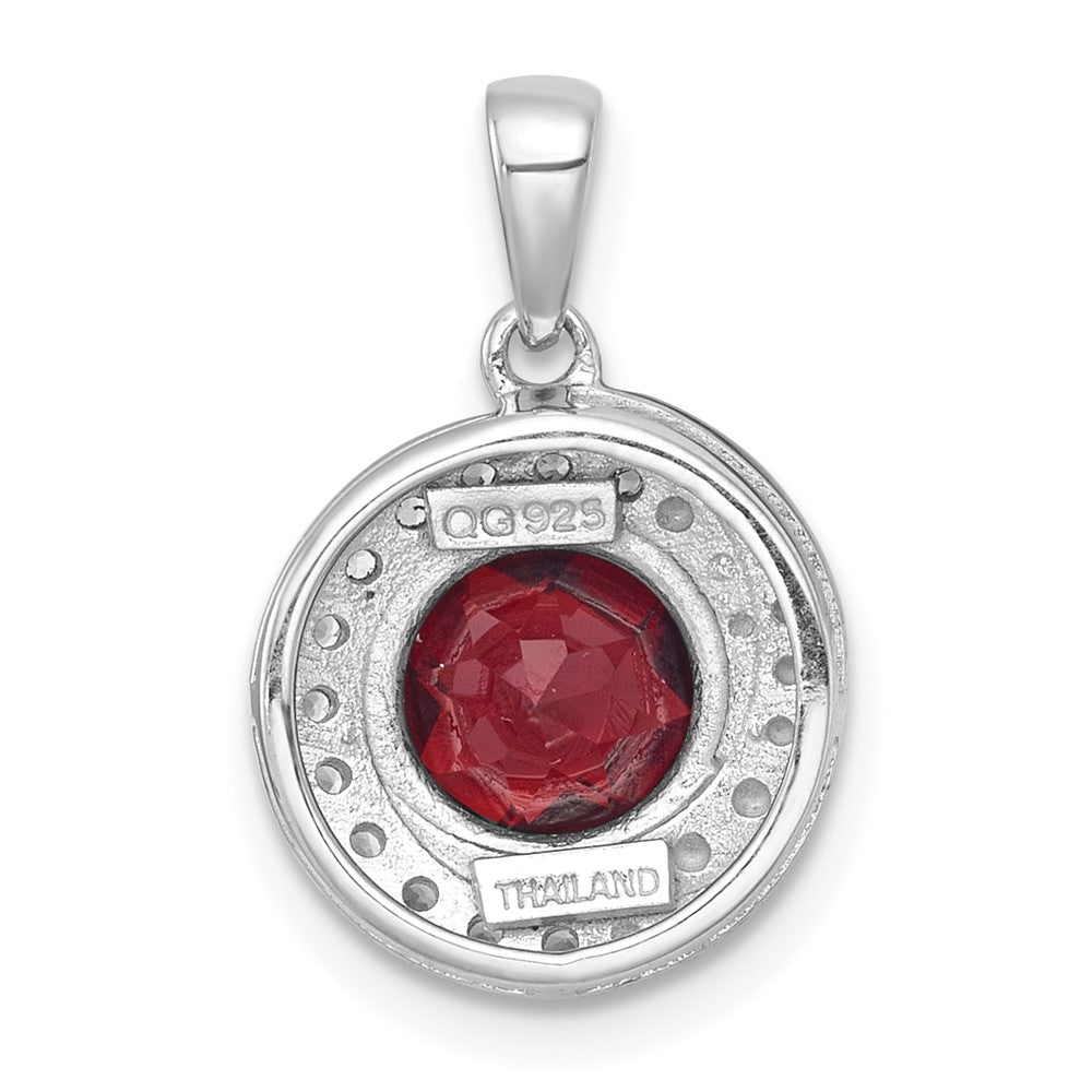 Sterling Silver Rhodium-plated Polished Checker-cut Round Garnet and White Topaz Circle Pendant