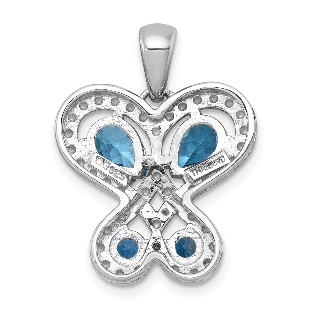 Sterling Silver Rhodium-plated Polished Light Swiss Blue Topaz and London Blue Topaz Heart Butterfly Pendant
