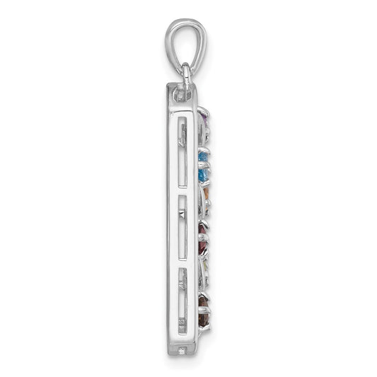 Sterling Silver Rhodium-plated Polished Fancy Oblong Multi Gemstone Pendant
