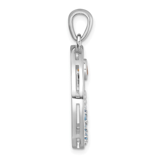 Sterling Silver Rhodium-plated Polished and Beaded Citrine and Light Swiss Blue Topaz Beach Scene Circle Pendant