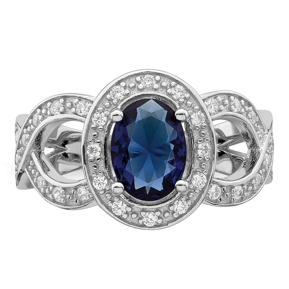 Sterling Silver Rhodium-plated Dark Blue Glass and CZ Ring