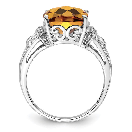 Sterling Silver Rhodium Diam. & Checker-Cut Whiskey Quartz Ring