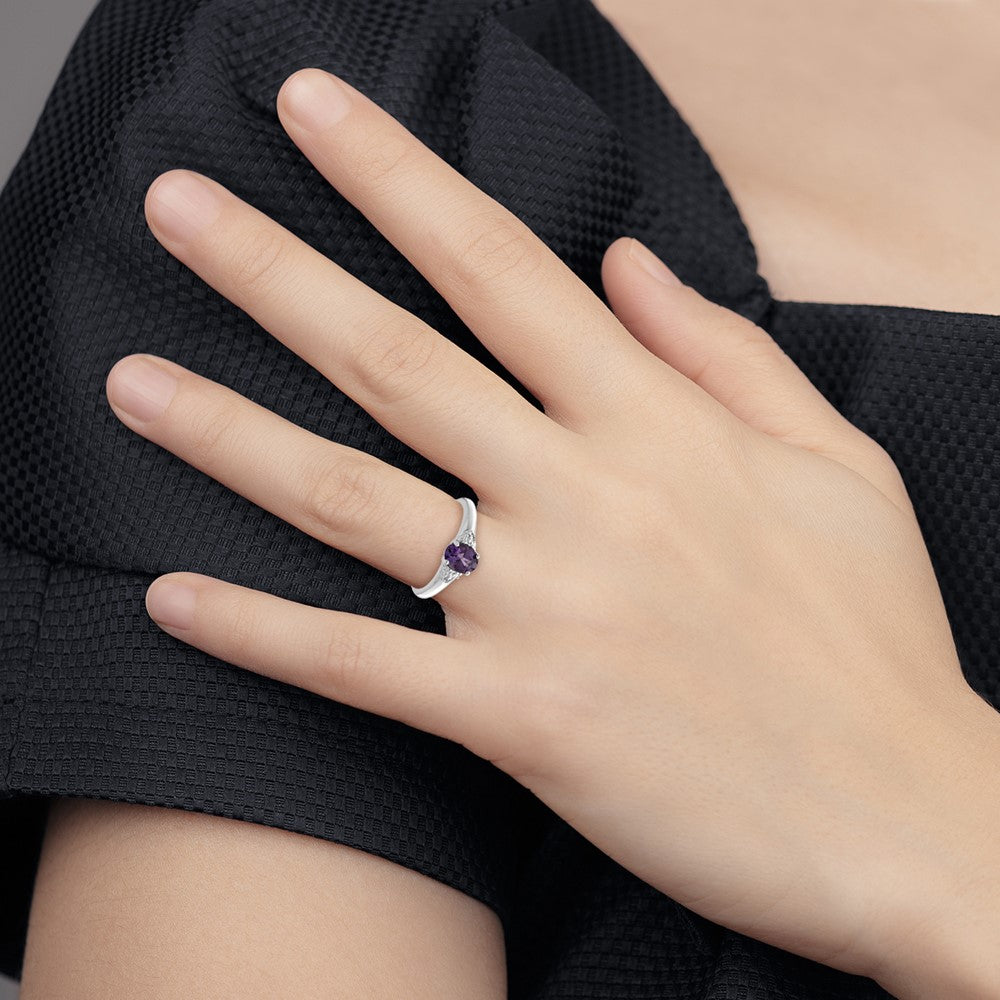 Sterling Silver Rhodium Plated Diamond and Amethyst Ring