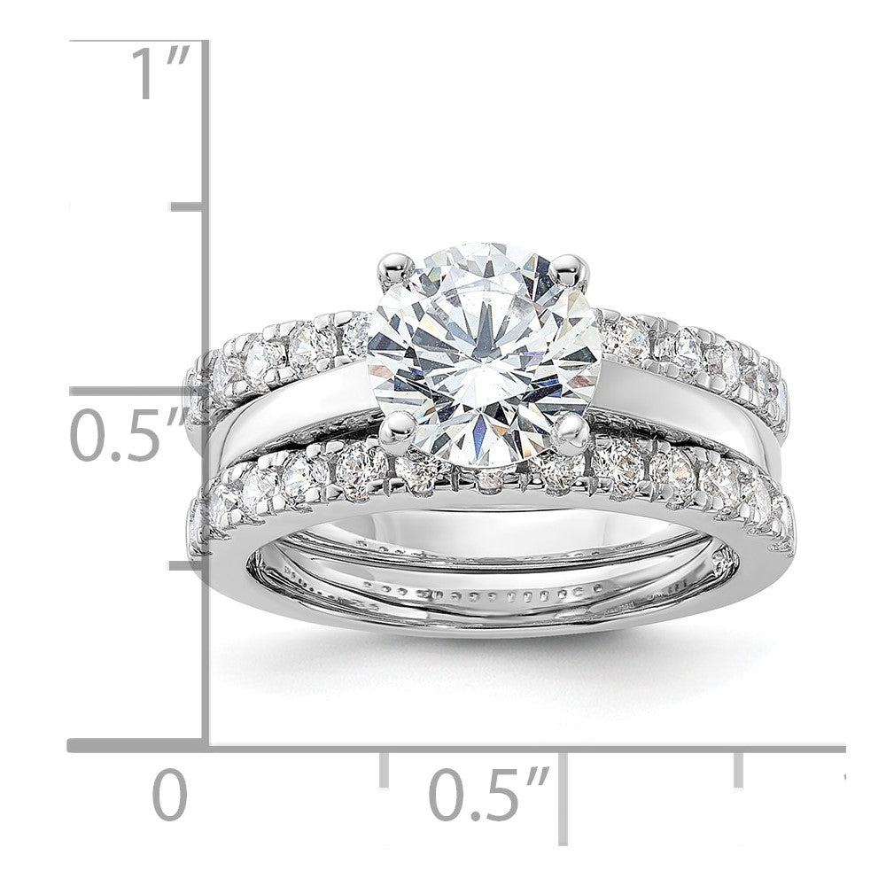 Sterling Silver Rhodium-plated 8mm CZ Solitaire & 2 CZ Bands Set