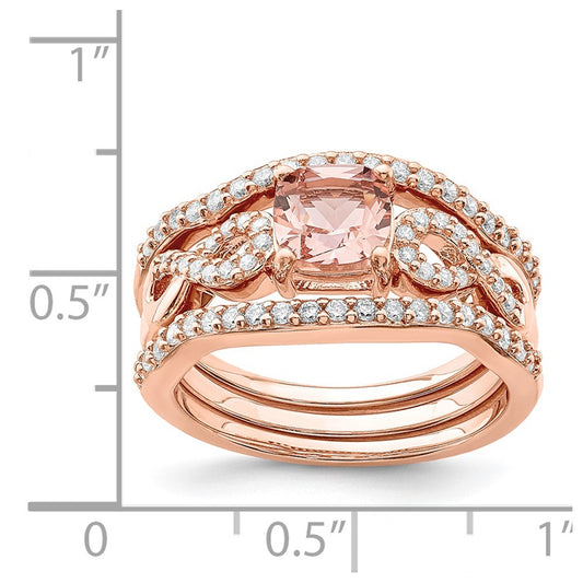 Sterling Silver Rose-tone 3 Piece Pink Crystal and CZ Ring Set