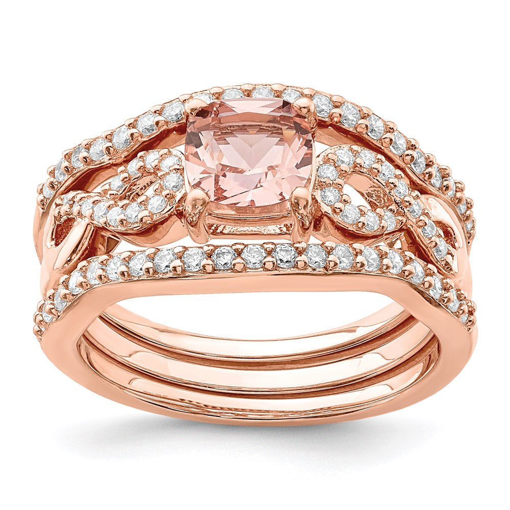 Sterling Silver Rose-tone 3 Piece Pink Crystal & CZ Ring Set