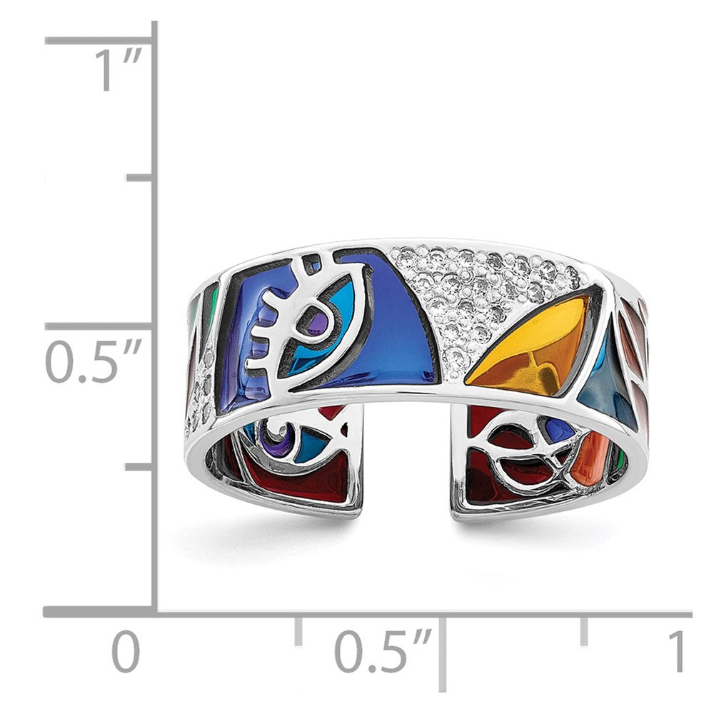 Sterling Silver Rhodium-plated Abstract Multi-color Enamel & CZ Cuff Ring