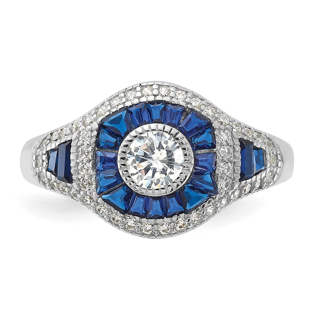 Sterling Silver Rhodium-plated Lab Created Blue Spinel & CZ Ring