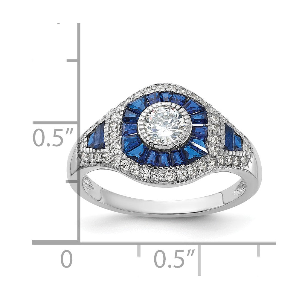 Sterling Silver Rhodium-plated Lab Created Blue Spinel & CZ Ring