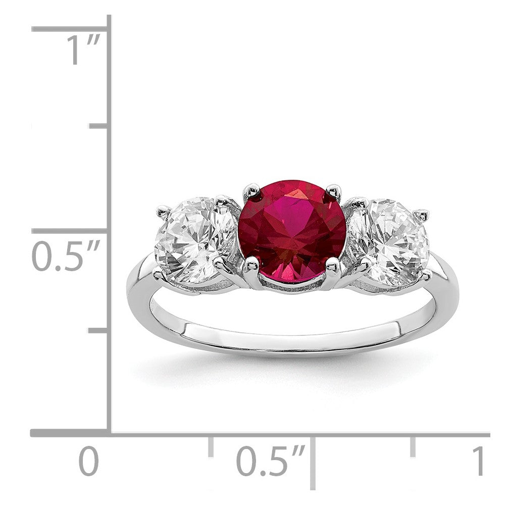 Sterling Silver Rhodium-plated Created Corundum & CZ 3 Stone Ring