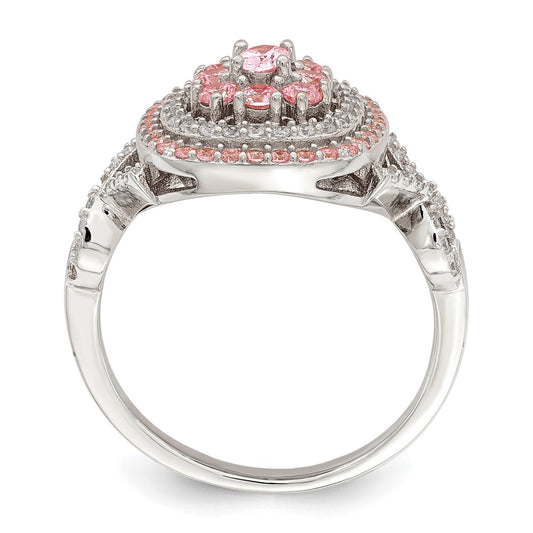 Sterling Silver Rose-plated Pink and White CZ Cushion Ring