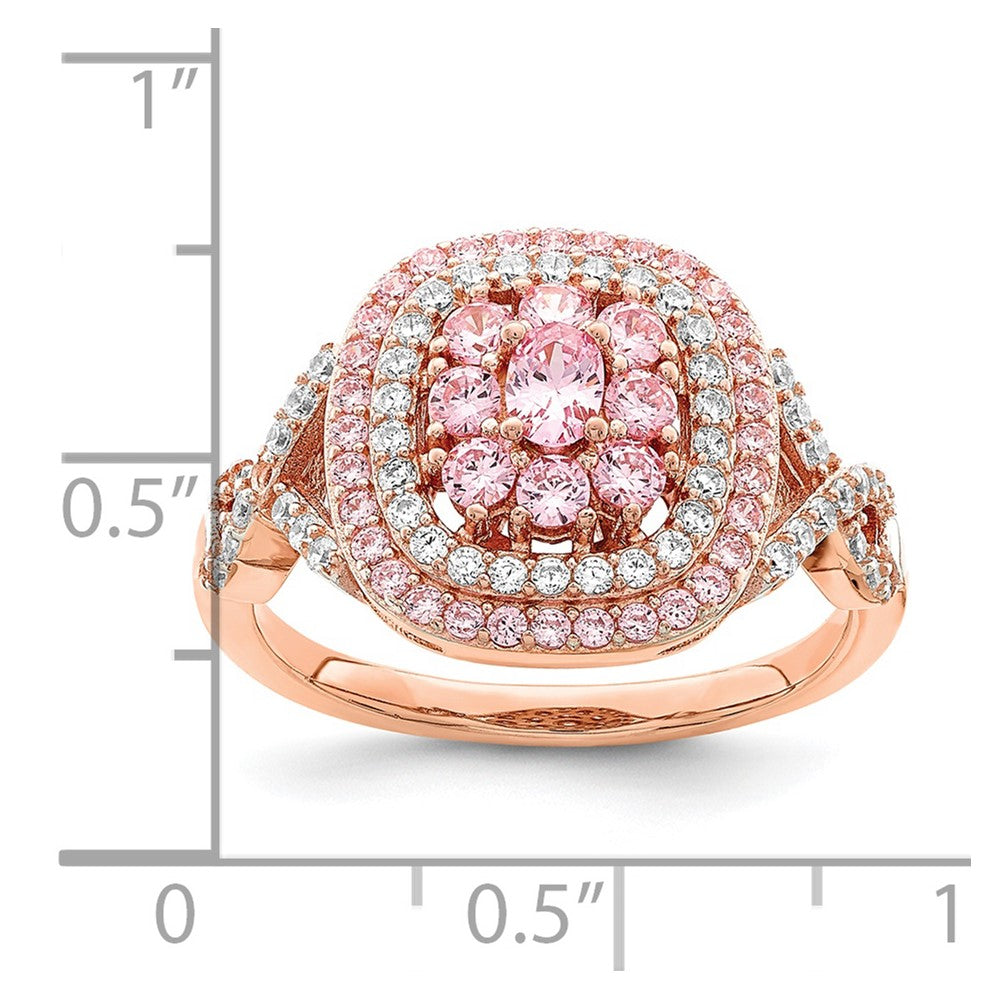 Sterling Silver Rose-plated Pink and White CZ Cushion Ring