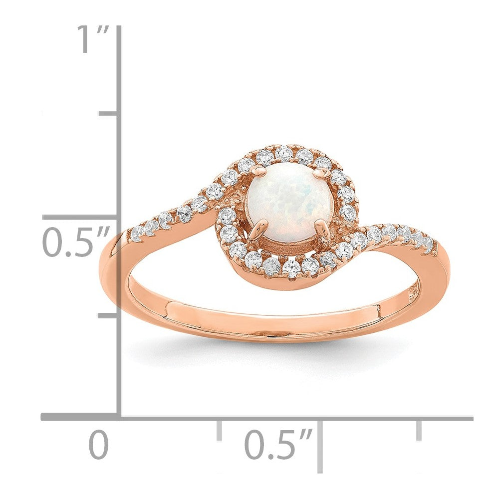 Sterling Silver Rose-tone Created Opal and CZ Halo Ring